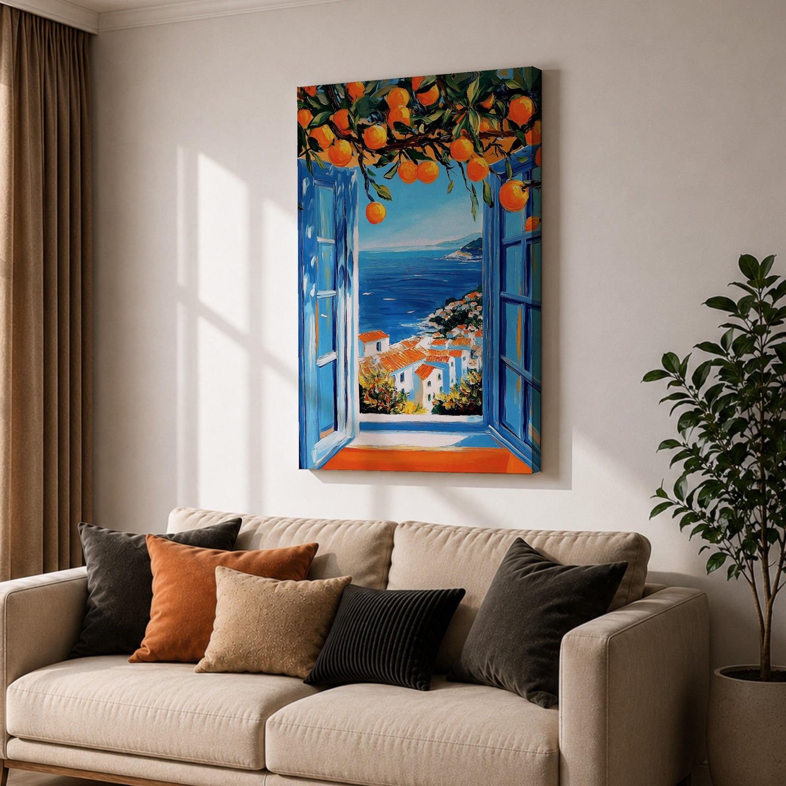 A vibrant framed canvas painting depicting an open Mediterranean-style window with blue shutters overlooking a coastal landscape. Above the window, ripe orange fruits hang from branches, framing a scenic view of white houses with terracotta roofs and a deep blue sea under a clear sky, rendered in a vivid, realistic style.