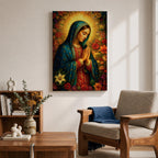 Devotional illustration of Our Lady of Guadalupe also known as La Guadalupana standing with hands clasped in prayer, wearing a rose colored gown and a teal mantle covered with gold stars, surrounded by radiant golden rays with a small angel beneath her, rendered with warm tones and soft shading in traditional Mexican Catholic icon style.