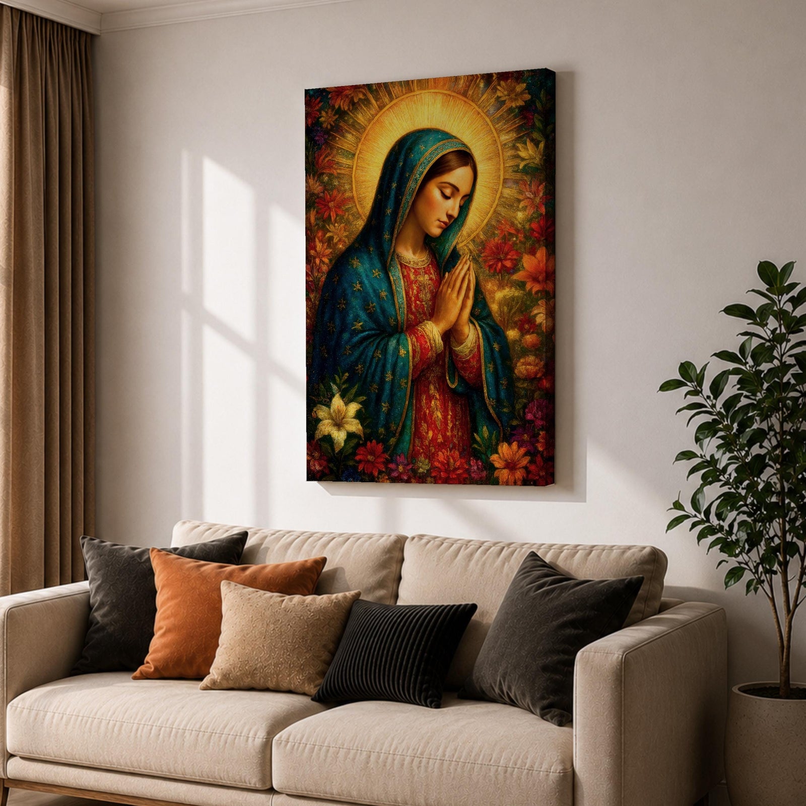 Devotional illustration of Our Lady of Guadalupe also known as La Guadalupana standing with hands clasped in prayer, wearing a rose colored gown and a teal mantle covered with gold stars, surrounded by radiant golden rays with a small angel beneath her, rendered with warm tones and soft shading in traditional Mexican Catholic icon style.