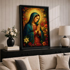 Devotional illustration of Our Lady of Guadalupe also known as La Guadalupana standing with hands clasped in prayer, wearing a rose colored gown and a teal mantle covered with gold stars, surrounded by radiant golden rays with a small angel beneath her, rendered with warm tones and soft shading in traditional Mexican Catholic icon style.