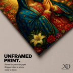 Devotional illustration of Our Lady of Guadalupe also known as La Guadalupana standing with hands clasped in prayer, wearing a rose colored gown and a teal mantle covered with gold stars, surrounded by radiant golden rays with a small angel beneath her, rendered with warm tones and soft shading in traditional Mexican Catholic icon style.