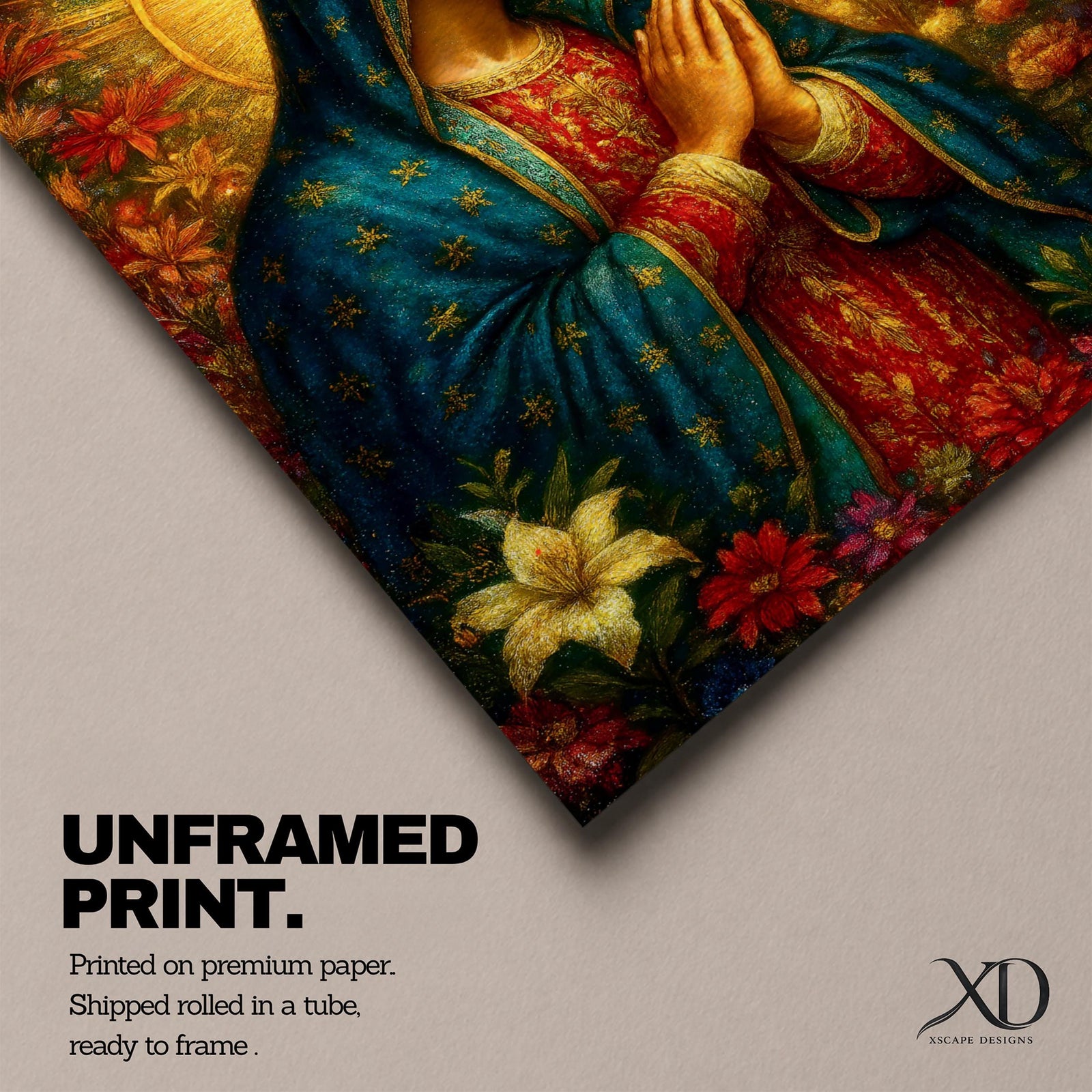 Devotional illustration of Our Lady of Guadalupe also known as La Guadalupana standing with hands clasped in prayer, wearing a rose colored gown and a teal mantle covered with gold stars, surrounded by radiant golden rays with a small angel beneath her, rendered with warm tones and soft shading in traditional Mexican Catholic icon style.