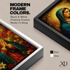 Devotional illustration of Our Lady of Guadalupe also known as La Guadalupana standing with hands clasped in prayer, wearing a rose colored gown and a teal mantle covered with gold stars, surrounded by radiant golden rays with a small angel beneath her, rendered with warm tones and soft shading in traditional Mexican Catholic icon style.