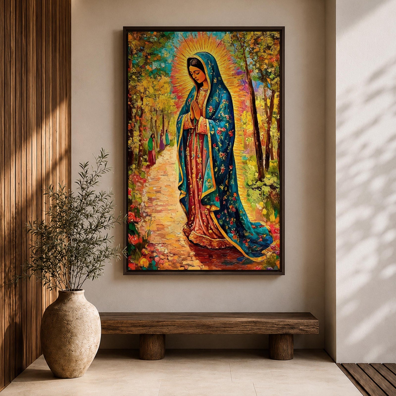 Illustration of the Lady of Guadalupe also known as La Virgen Morena standing with hands clasped in prayer, wearing a rose colored gown and a teal mantle covered with gold stars, surrounded by radiant golden rays and decorative floral elements with a small angel beneath her, rendered with warm tones and soft shading in Mexican Catholic devotional style.