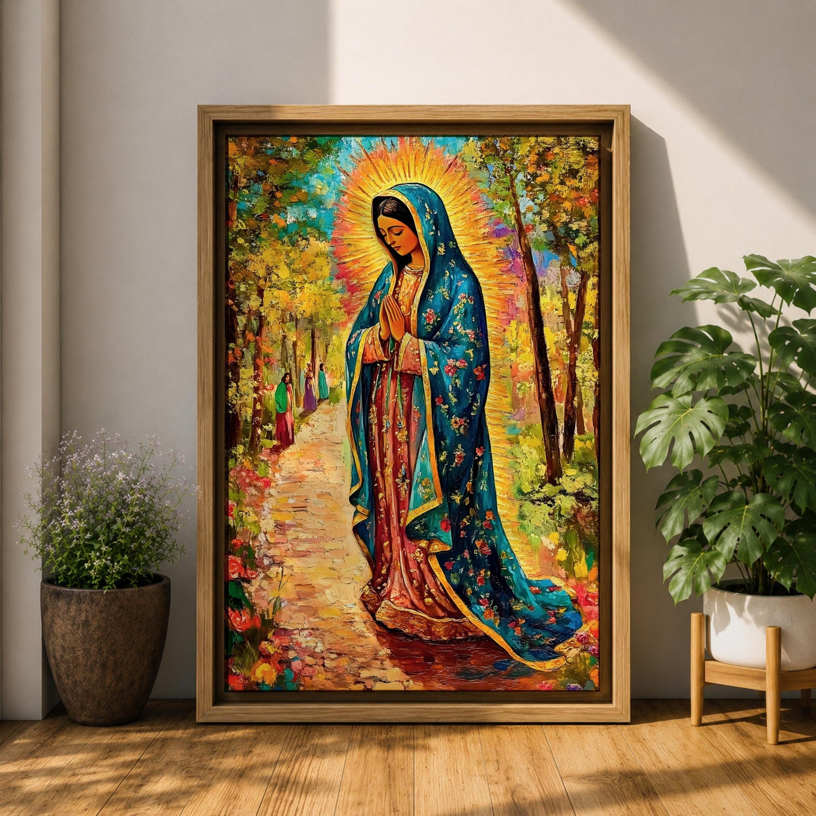 Illustration of the Lady of Guadalupe also known as La Virgen Morena standing with hands clasped in prayer, wearing a rose colored gown and a teal mantle covered with gold stars, surrounded by radiant golden rays and decorative floral elements with a small angel beneath her, rendered with warm tones and soft shading in Mexican Catholic devotional style.