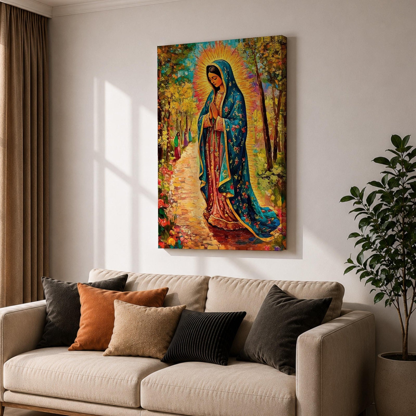 Illustration of the Lady of Guadalupe also known as La Virgen Morena standing with hands clasped in prayer, wearing a rose colored gown and a teal mantle covered with gold stars, surrounded by radiant golden rays and decorative floral elements with a small angel beneath her, rendered with warm tones and soft shading in Mexican Catholic devotional style.