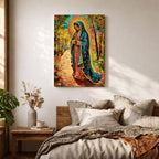 Illustration of the Lady of Guadalupe also known as La Virgen Morena standing with hands clasped in prayer, wearing a rose colored gown and a teal mantle covered with gold stars, surrounded by radiant golden rays and decorative floral elements with a small angel beneath her, rendered with warm tones and soft shading in Mexican Catholic devotional style.