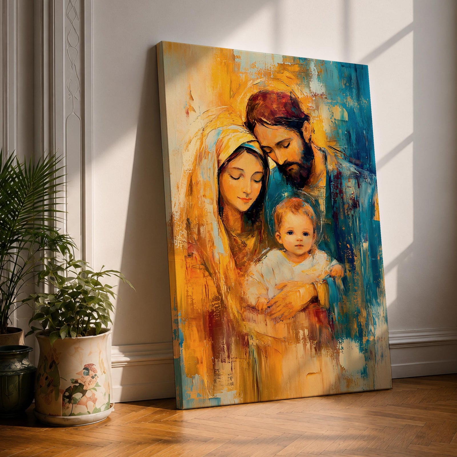 Devotional illustration of the Holy Family in a nativity scene showing the newborn Jesus resting near Mary and Joseph, the figures gathered closely in a tender composition with gentle expressions and flowing robes, rendered with warm tones and soft shading in a traditional Christian depiction of the birth of Christ.