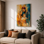 Devotional illustration of the Holy Family in a nativity scene showing the newborn Jesus resting near Mary and Joseph, the figures gathered closely in a tender composition with gentle expressions and flowing robes, rendered with warm tones and soft shading in a traditional Christian depiction of the birth of Christ.