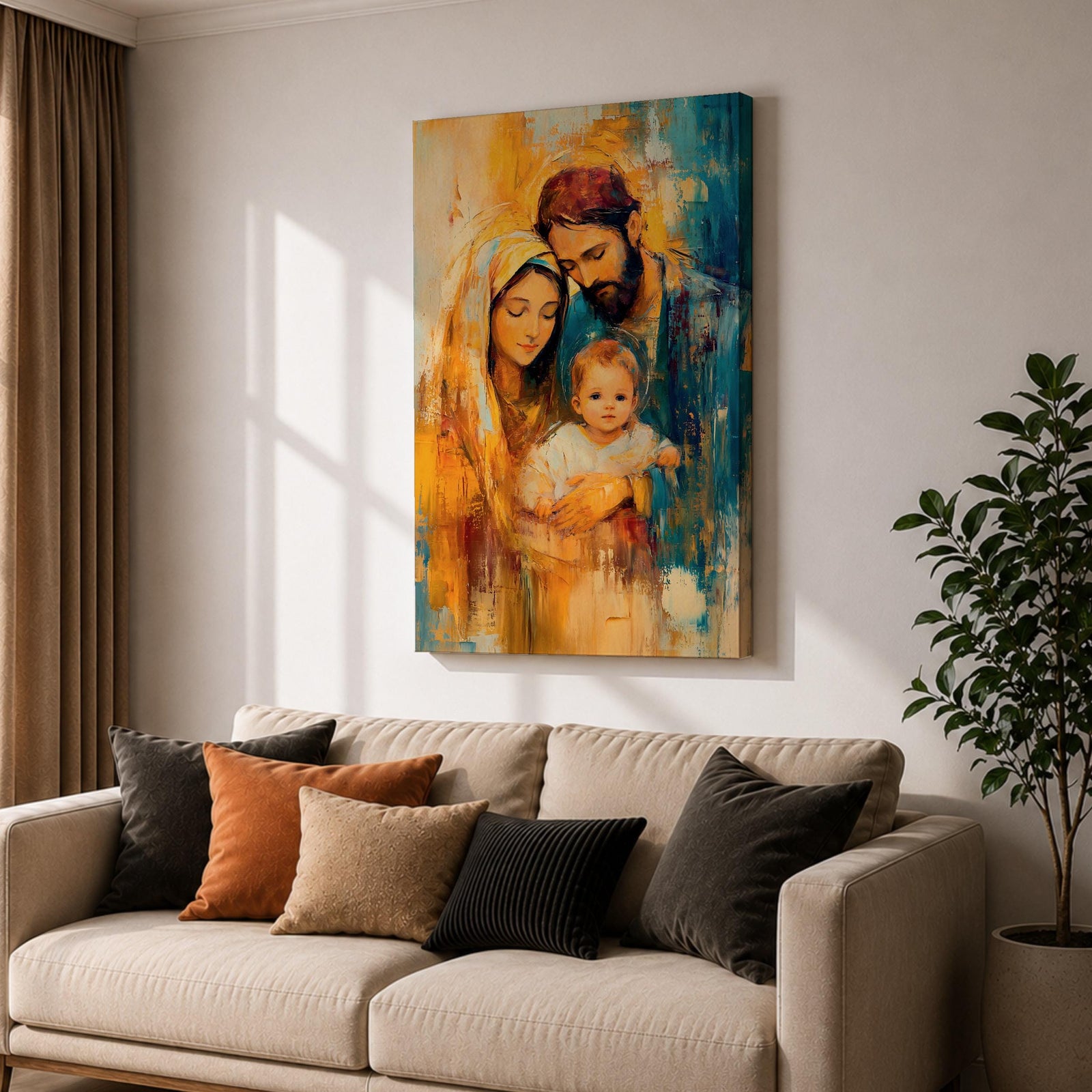 Devotional illustration of the Holy Family in a nativity scene showing the newborn Jesus resting near Mary and Joseph, the figures gathered closely in a tender composition with gentle expressions and flowing robes, rendered with warm tones and soft shading in a traditional Christian depiction of the birth of Christ.