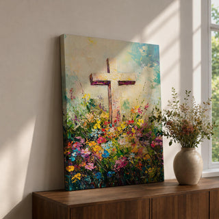 Christian cross illustrated with abundant floral elements wrapping around the wooden cross structure, accompanied by the phrase He Is Risen, rendered with soft light and balanced composition that emphasizes resurrection symbolism, with delicate blossoms and foliage creating a hopeful Easter themed Christian devotional artwork.
