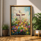Christian cross illustrated with abundant floral elements wrapping around the wooden cross structure, accompanied by the phrase He Is Risen, rendered with soft light and balanced composition that emphasizes resurrection symbolism, with delicate blossoms and foliage creating a hopeful Easter themed Christian devotional artwork.