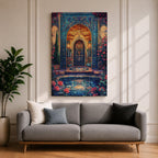 Ornate Persian-style archway with intricate blue mosaic tilework surrounding a glowing interior doorway, framed by floral vines and garden elements with roses and a reflecting pool in the foreground, evoking the decorative beauty and symmetry of traditional Islamic courtyard architecture.