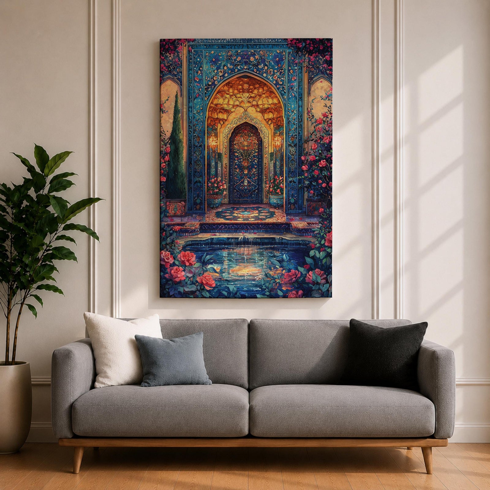 Ornate Persian-style archway with intricate blue mosaic tilework surrounding a glowing interior doorway, framed by floral vines and garden elements with roses and a reflecting pool in the foreground, evoking the decorative beauty and symmetry of traditional Islamic courtyard architecture.