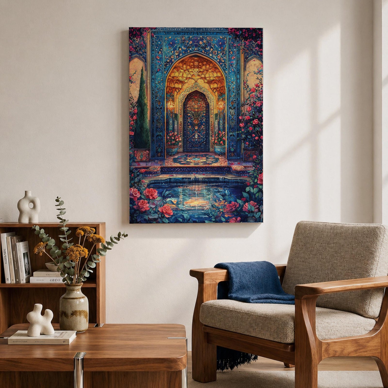 Ornate Persian-style archway with intricate blue mosaic tilework surrounding a glowing interior doorway, framed by floral vines and garden elements with roses and a reflecting pool in the foreground, evoking the decorative beauty and symmetry of traditional Islamic courtyard architecture.