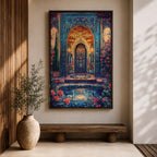 Ornate Persian-style archway with intricate blue mosaic tilework surrounding a glowing interior doorway, framed by floral vines and garden elements with roses and a reflecting pool in the foreground, evoking the decorative beauty and symmetry of traditional Islamic courtyard architecture.