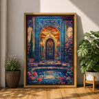 Ornate Persian-style archway with intricate blue mosaic tilework surrounding a glowing interior doorway, framed by floral vines and garden elements with roses and a reflecting pool in the foreground, evoking the decorative beauty and symmetry of traditional Islamic courtyard architecture.