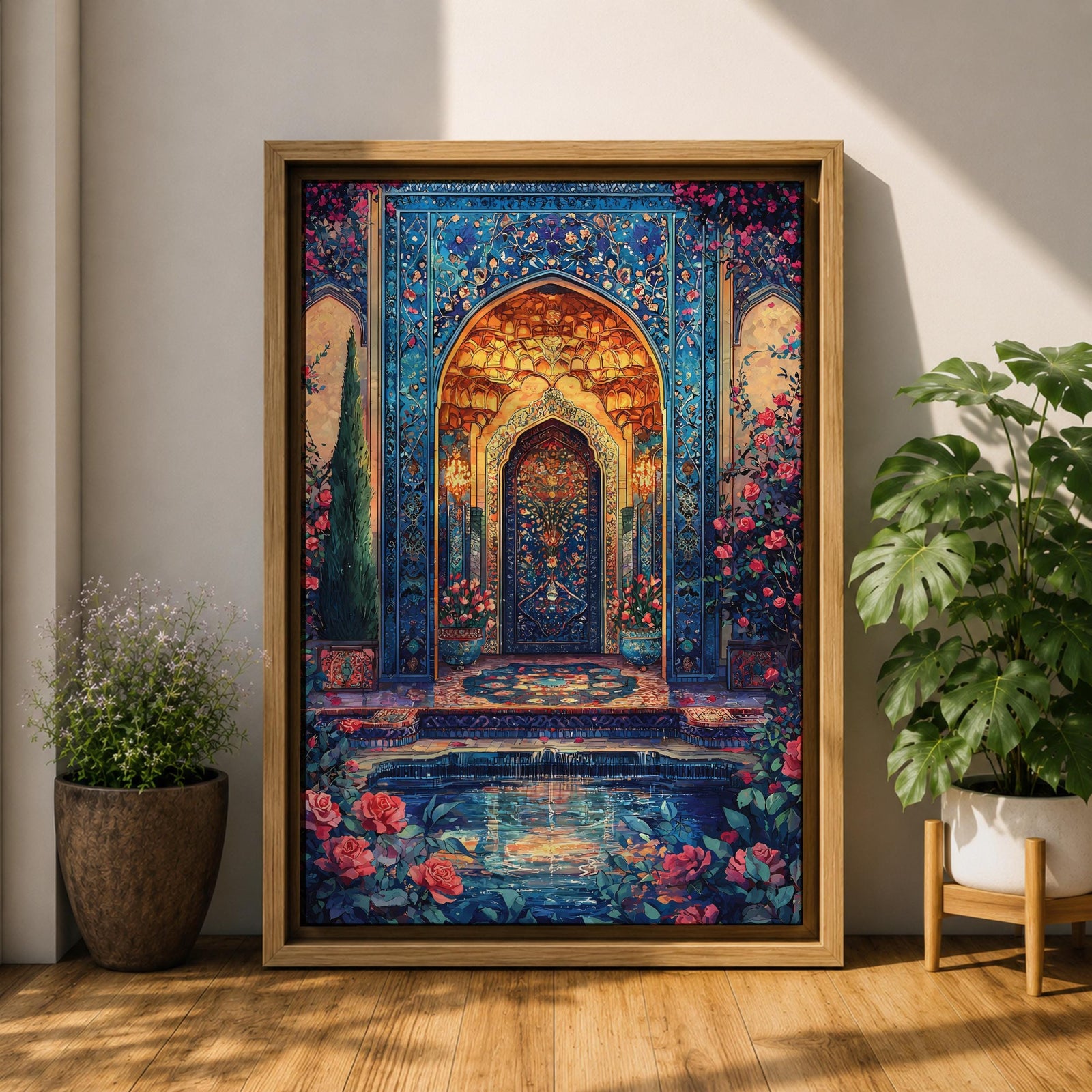 Ornate Persian-style archway with intricate blue mosaic tilework surrounding a glowing interior doorway, framed by floral vines and garden elements with roses and a reflecting pool in the foreground, evoking the decorative beauty and symmetry of traditional Islamic courtyard architecture.