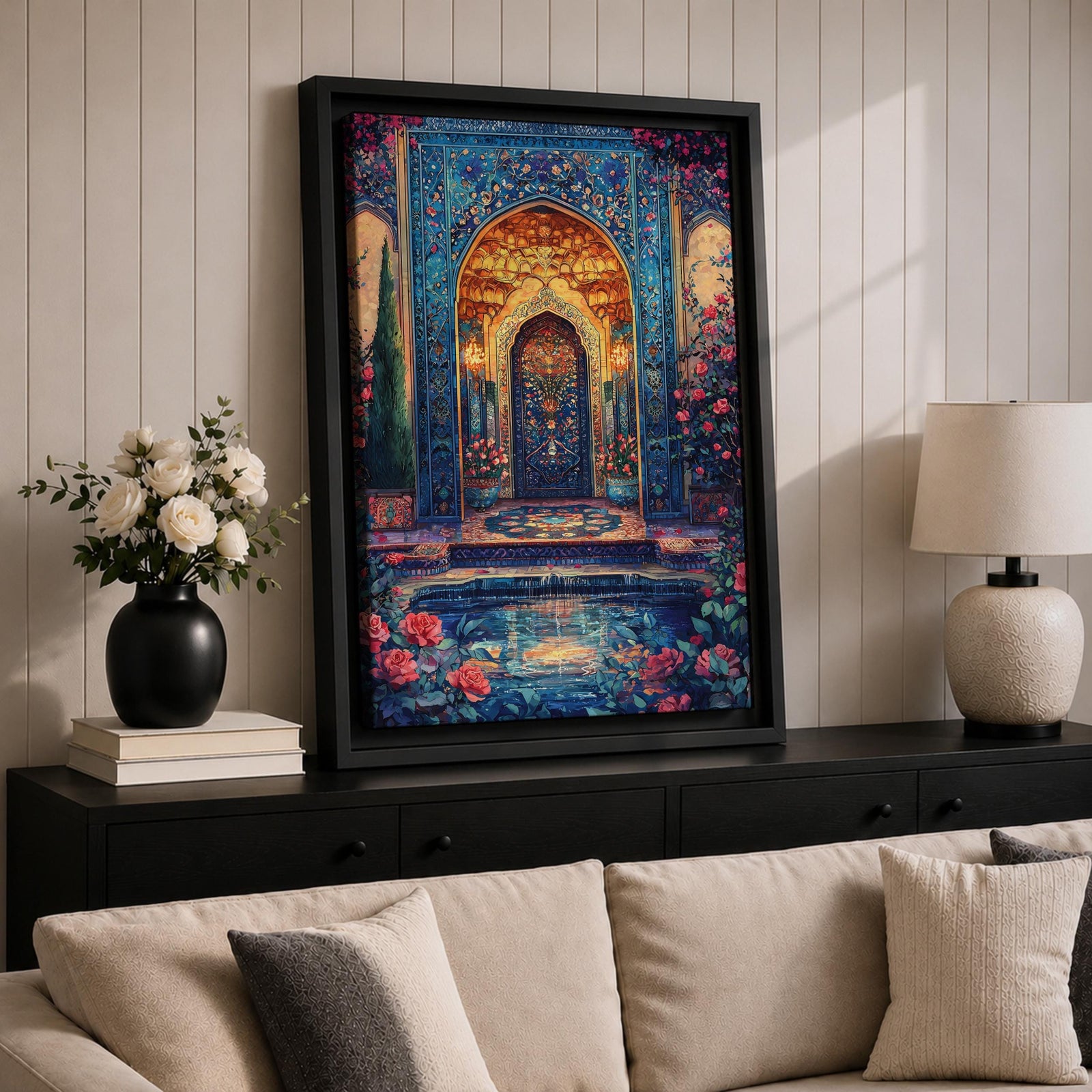 Ornate Persian-style archway with intricate blue mosaic tilework surrounding a glowing interior doorway, framed by floral vines and garden elements with roses and a reflecting pool in the foreground, evoking the decorative beauty and symmetry of traditional Islamic courtyard architecture.