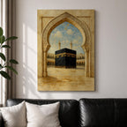A textured painting of the Kaaba at Masjid Al Haram in Mecca framed by an ornate stone mosque archway, showing the sacred courtyard and surrounding colonnades beneath a bright blue sky with soft clouds, capturing the spiritual focal point of Islamic pilgrimage and the holy site of Hajj.
