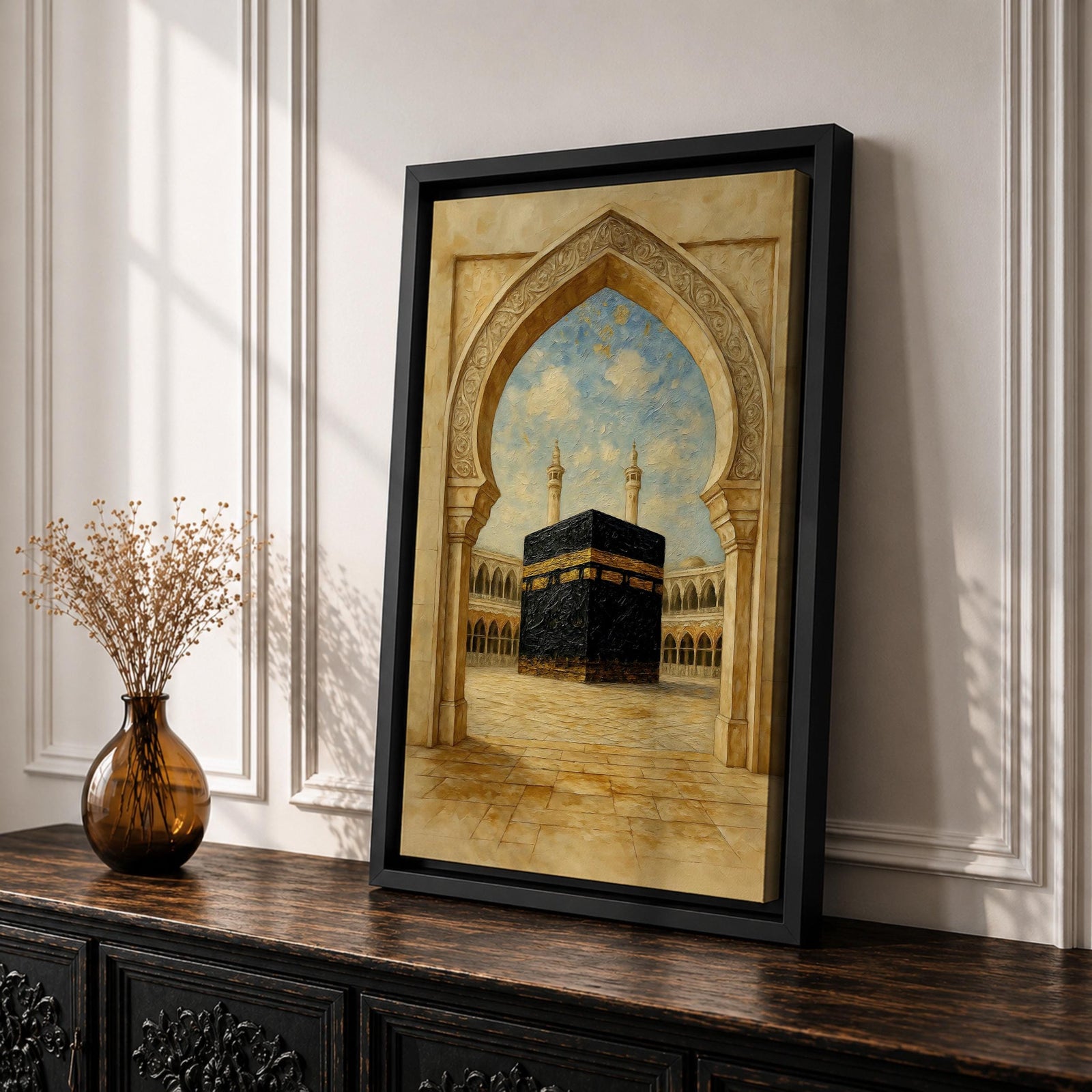 A textured painting of the Kaaba at Masjid Al Haram in Mecca framed by an ornate stone mosque archway, showing the sacred courtyard and surrounding colonnades beneath a bright blue sky with soft clouds, capturing the spiritual focal point of Islamic pilgrimage and the holy site of Hajj.