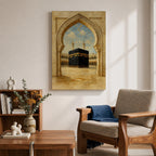 A textured painting of the Kaaba at Masjid Al Haram in Mecca framed by an ornate stone mosque archway, showing the sacred courtyard and surrounding colonnades beneath a bright blue sky with soft clouds, capturing the spiritual focal point of Islamic pilgrimage and the holy site of Hajj.