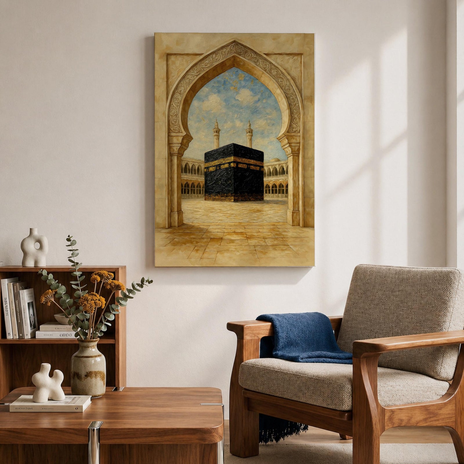 A textured painting of the Kaaba at Masjid Al Haram in Mecca framed by an ornate stone mosque archway, showing the sacred courtyard and surrounding colonnades beneath a bright blue sky with soft clouds, capturing the spiritual focal point of Islamic pilgrimage and the holy site of Hajj.