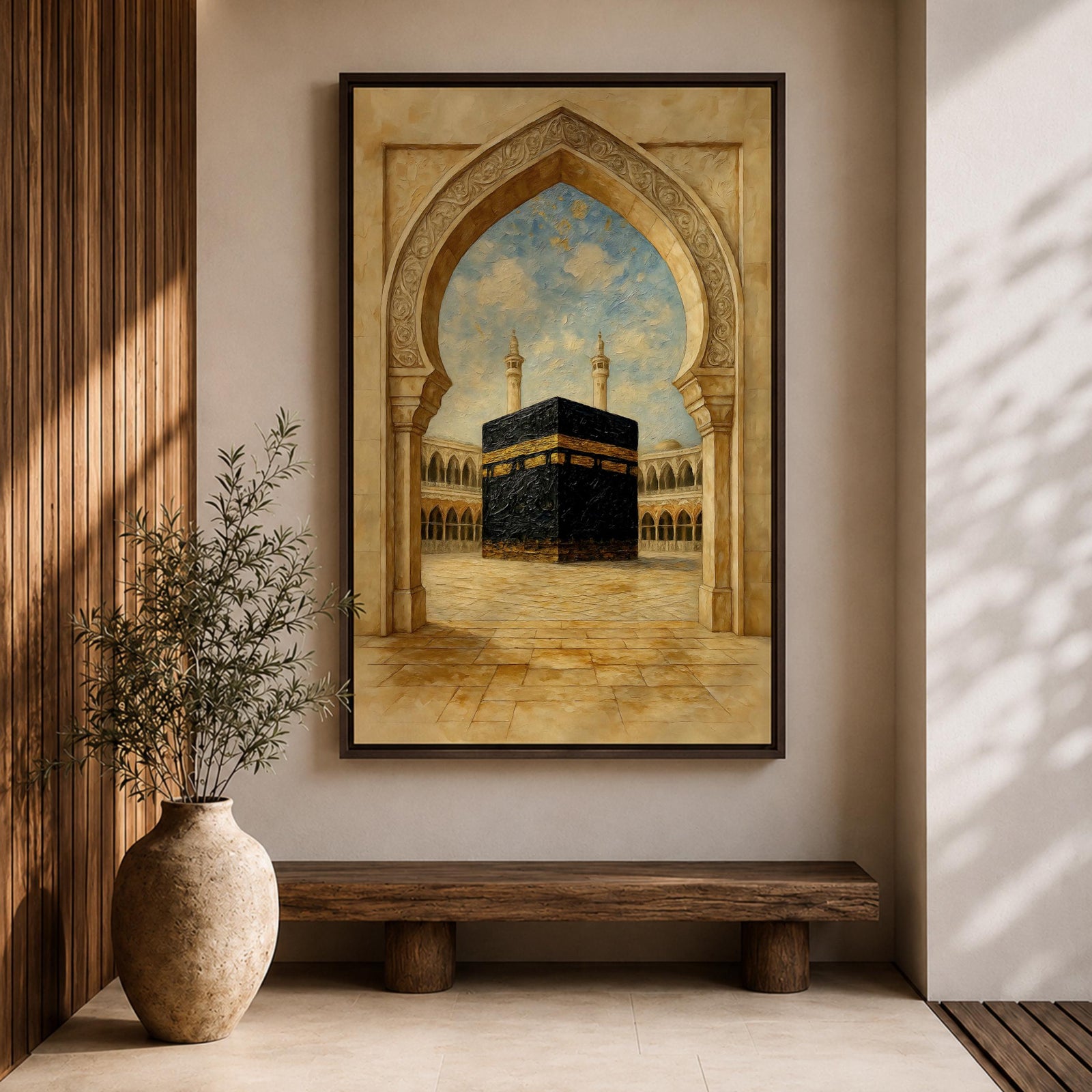 A textured painting of the Kaaba at Masjid Al Haram in Mecca framed by an ornate stone mosque archway, showing the sacred courtyard and surrounding colonnades beneath a bright blue sky with soft clouds, capturing the spiritual focal point of Islamic pilgrimage and the holy site of Hajj.