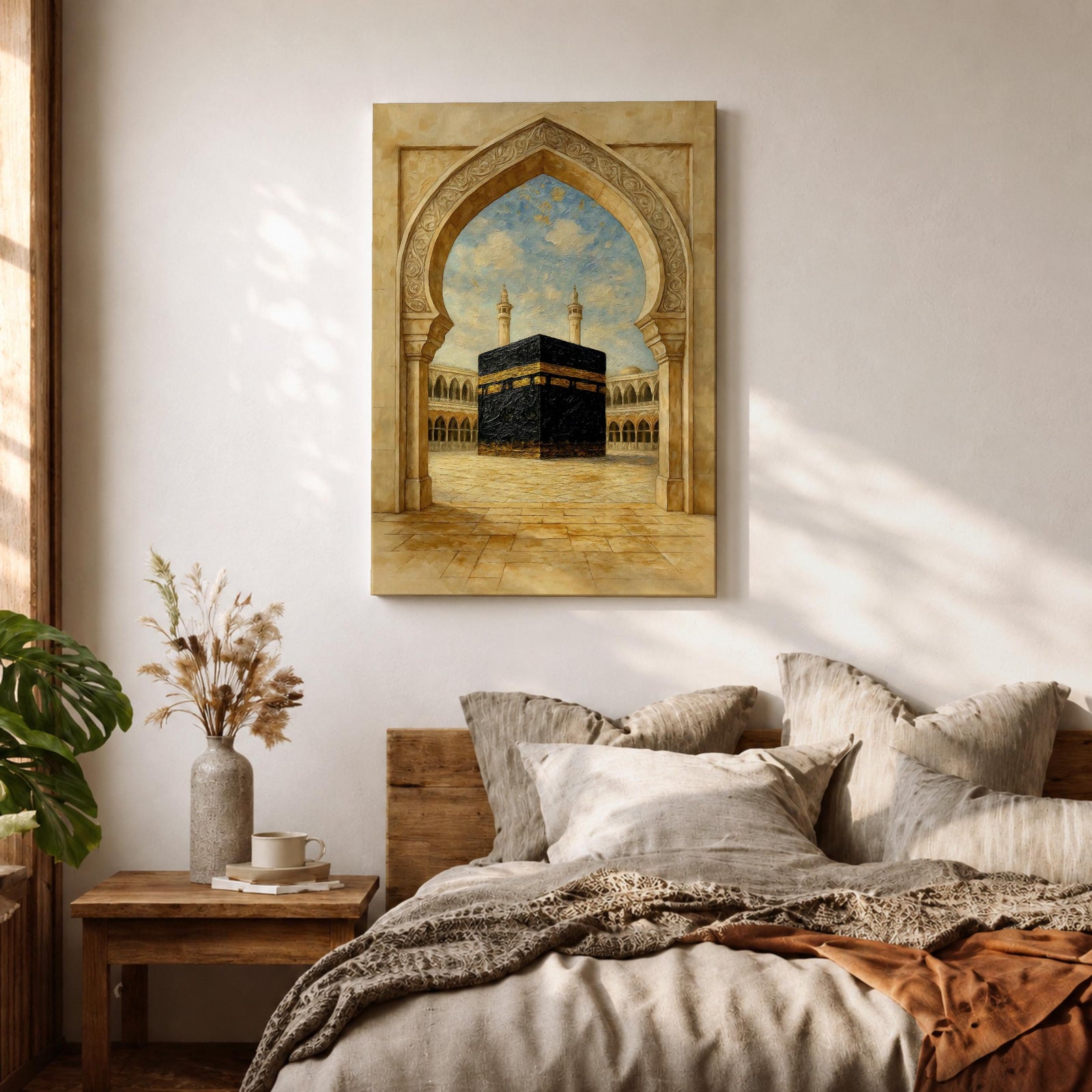A textured painting of the Kaaba at Masjid Al Haram in Mecca framed by an ornate stone mosque archway, showing the sacred courtyard and surrounding colonnades beneath a bright blue sky with soft clouds, capturing the spiritual focal point of Islamic pilgrimage and the holy site of Hajj.