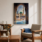 Painting of Masjid Nabawi in Medina seen through a grand stone archway, showing the iconic green dome, tall minaret, and reflective marble courtyard with birds flying above the sacred Prophet’s Mosque and detailed Islamic architectural arches framing the serene mosque complex.