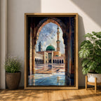 Painting of Masjid Nabawi in Medina seen through a grand stone archway, showing the iconic green dome, tall minaret, and reflective marble courtyard with birds flying above the sacred Prophet’s Mosque and detailed Islamic architectural arches framing the serene mosque complex.