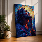 Modern stained glass style illustration of Jesus Christ praying with hands clasped and head gently bowed, depicted with a soft halo and composed of luminous jewel toned glass segments forming radiant patterns, rendered with clean lines and glowing color in a contemporary biblical Christian devotional composition.