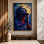 Modern stained glass style illustration of Jesus Christ praying with hands clasped and head gently bowed, depicted with a soft halo and composed of luminous jewel toned glass segments forming radiant patterns, rendered with clean lines and glowing color in a contemporary biblical Christian devotional composition.