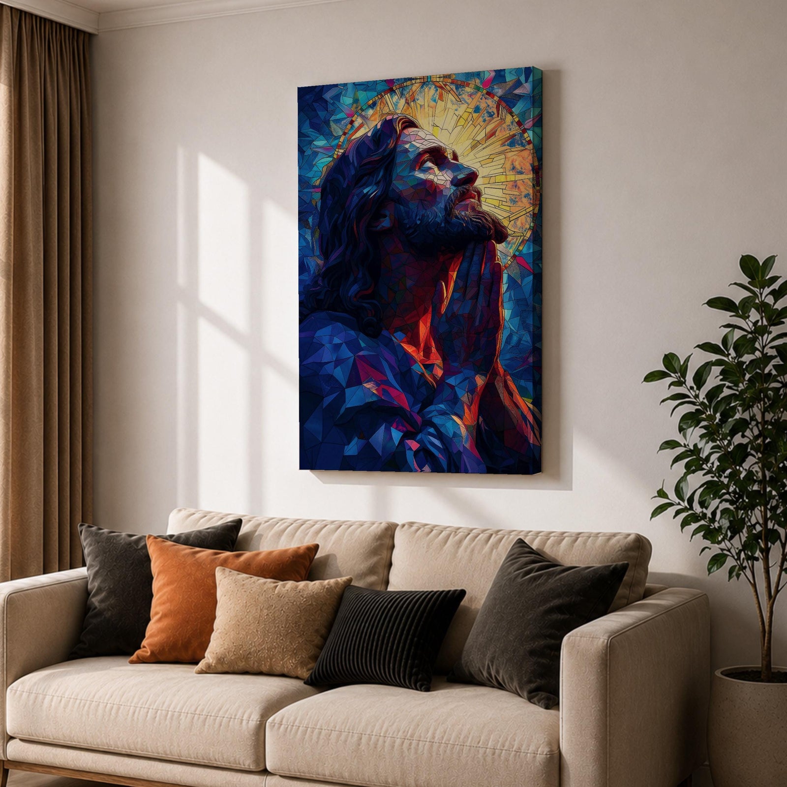 Modern stained glass style illustration of Jesus Christ praying with hands clasped and head gently bowed, depicted with a soft halo and composed of luminous jewel toned glass segments forming radiant patterns, rendered with clean lines and glowing color in a contemporary biblical Christian devotional composition.