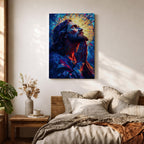 Modern stained glass style illustration of Jesus Christ praying with hands clasped and head gently bowed, depicted with a soft halo and composed of luminous jewel toned glass segments forming radiant patterns, rendered with clean lines and glowing color in a contemporary biblical Christian devotional composition.