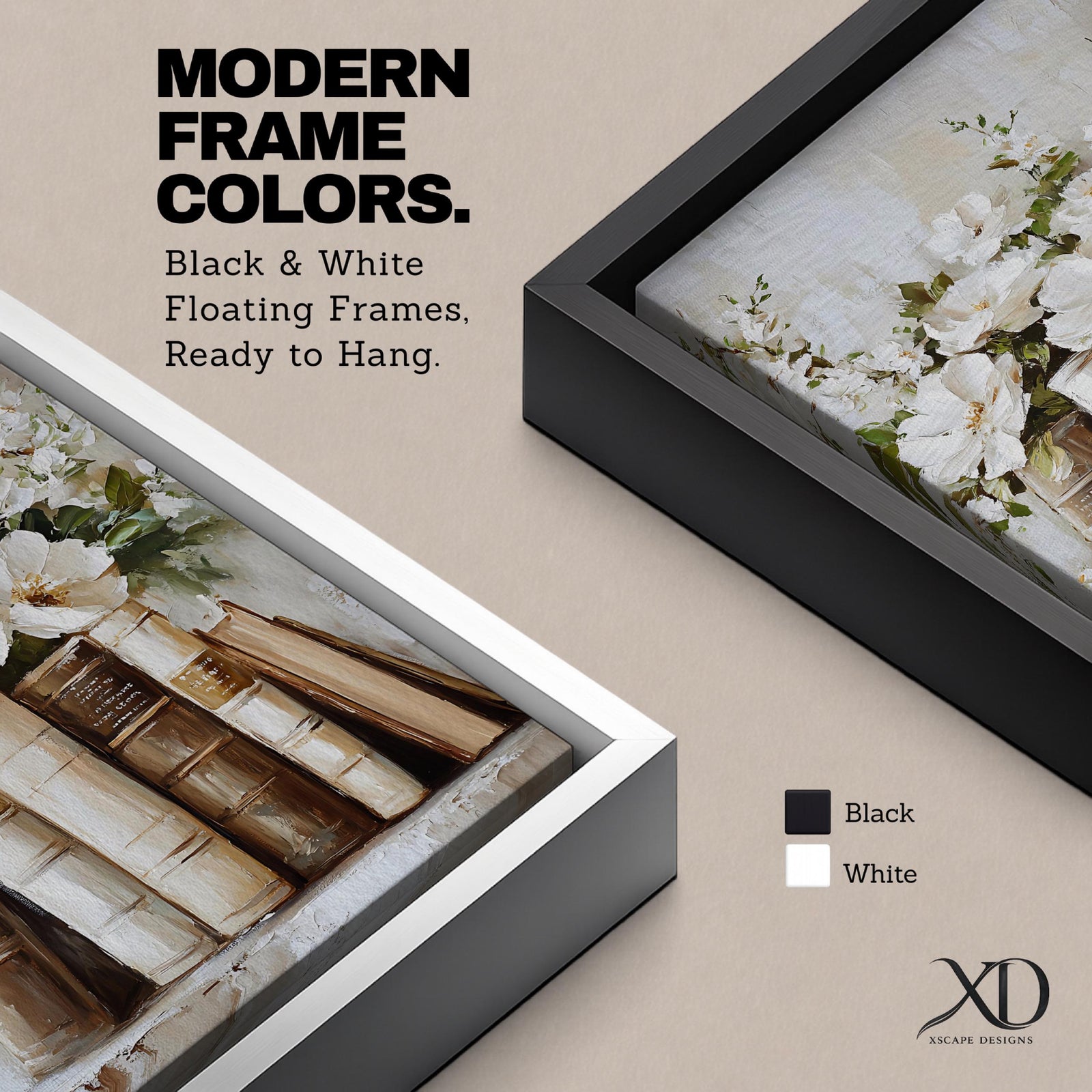 A framed canvas painting depicting a bookshelf with vintage-style books and white peony flowers arranged among the spines, rendered in a textured impasto technique with soft, natural tones and a cottagecore aesthetic.