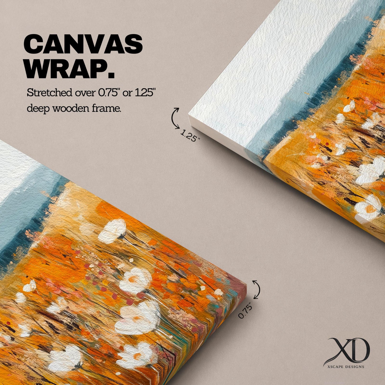 This artwork depicts a vintage-style wildflower meadow with soft white blooms and warm autumn tones. The floral composition blends painterly brushstrokes with a rustic aesthetic, capturing a natural landscape scene that evokes a cozy farmhouse feel. The framed canvas enhances its classic charm.