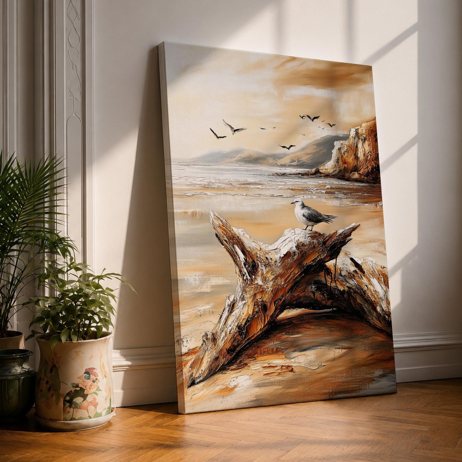 A vintage-style framed canvas painting of a seagull perched on driftwood at a beach shore with distant cliffs and flying birds, rendered in warm coastal tones with textured brushwork evoking a nostalgic nautical atmosphere.