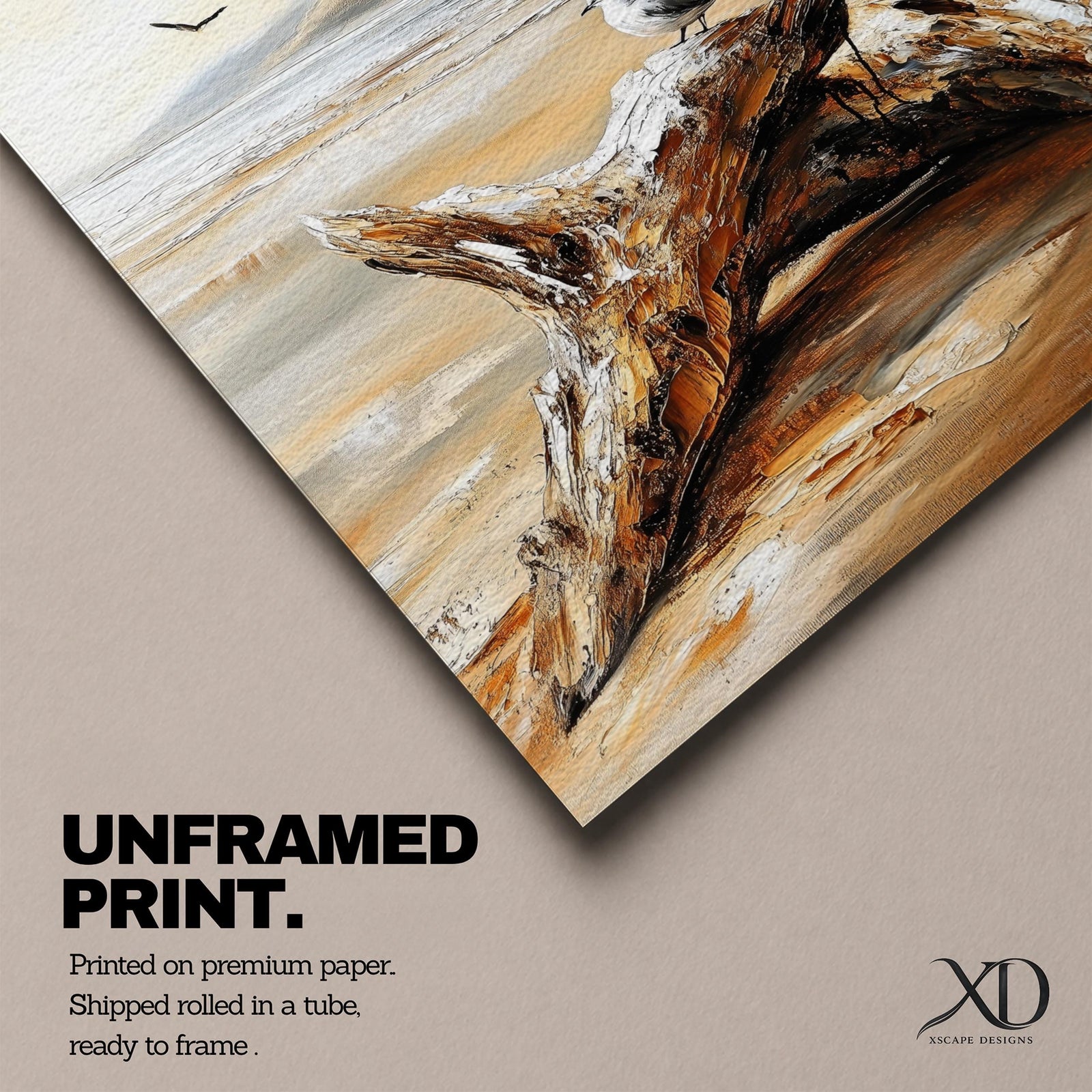 A vintage-style framed canvas painting of a seagull perched on driftwood at a beach shore with distant cliffs and flying birds, rendered in warm coastal tones with textured brushwork evoking a nostalgic nautical atmosphere.