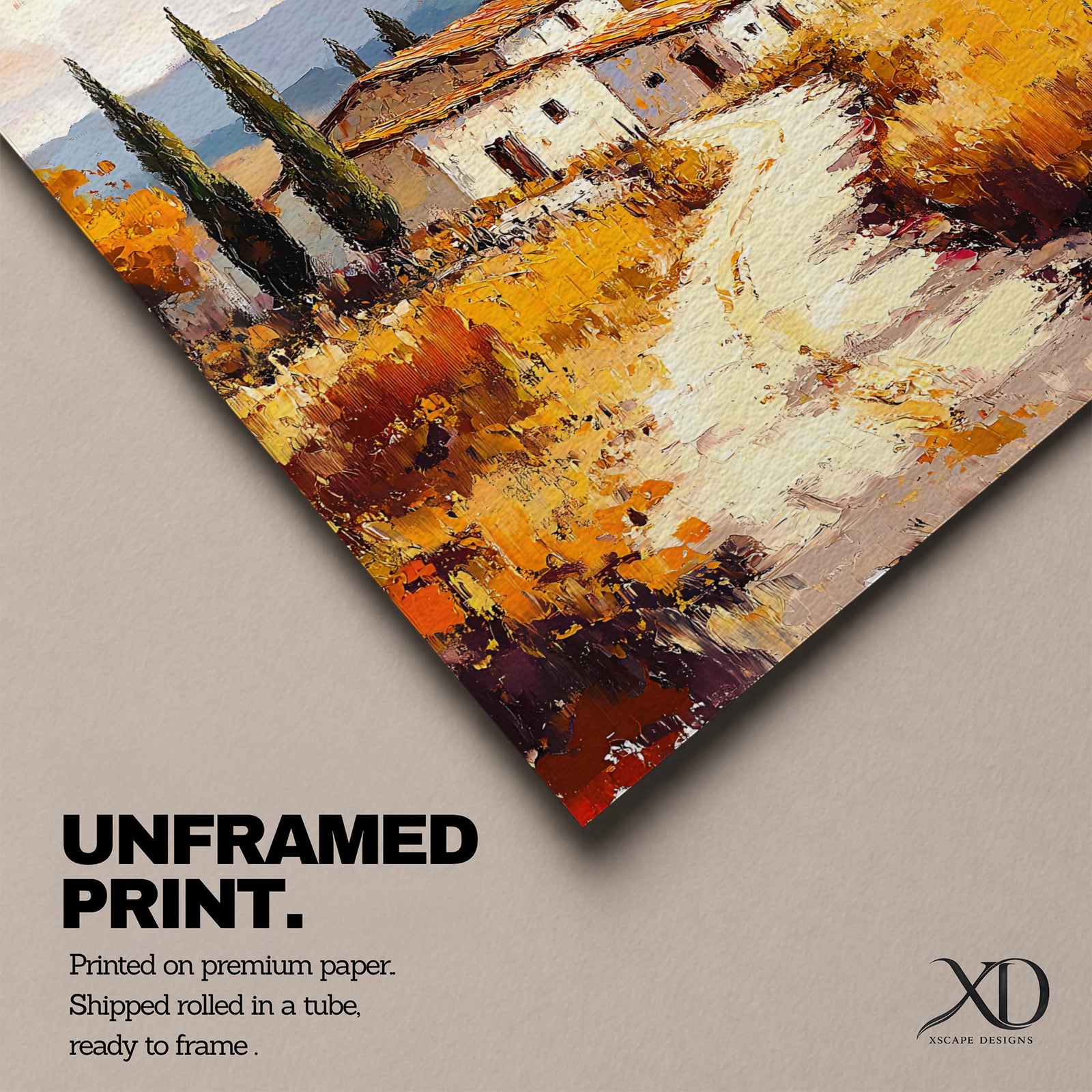 A vintage-style framed canvas painting depicting a Tuscan landscape with a winding path leading to rustic houses surrounded by tall cypress trees and golden fields under a partly cloudy sky, rendered in textured brushstrokes evoking a warm Italian countryside atmosphere.