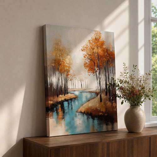 A framed canvas painting depicting an autumn river winding through a forest with tall trees in fall colors. The artwork features a vintage style with textured brushstrokes, emphasizing the natural landscape and serene water reflections in warm rustic tones.