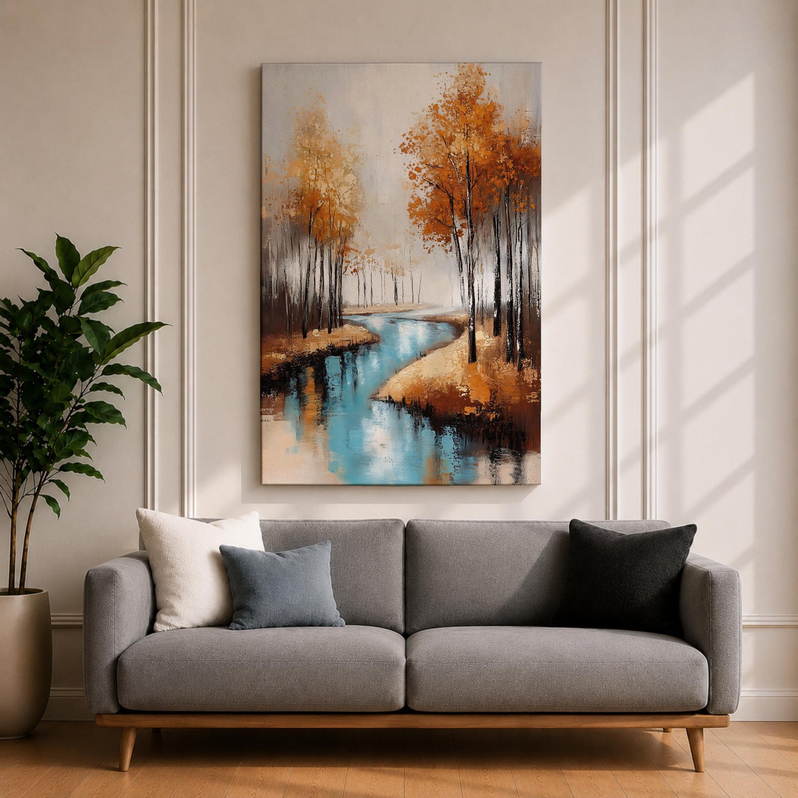 A framed canvas painting depicting an autumn river winding through a forest with tall trees in fall colors. The artwork features a vintage style with textured brushstrokes, emphasizing the natural landscape and serene water reflections in warm rustic tones.