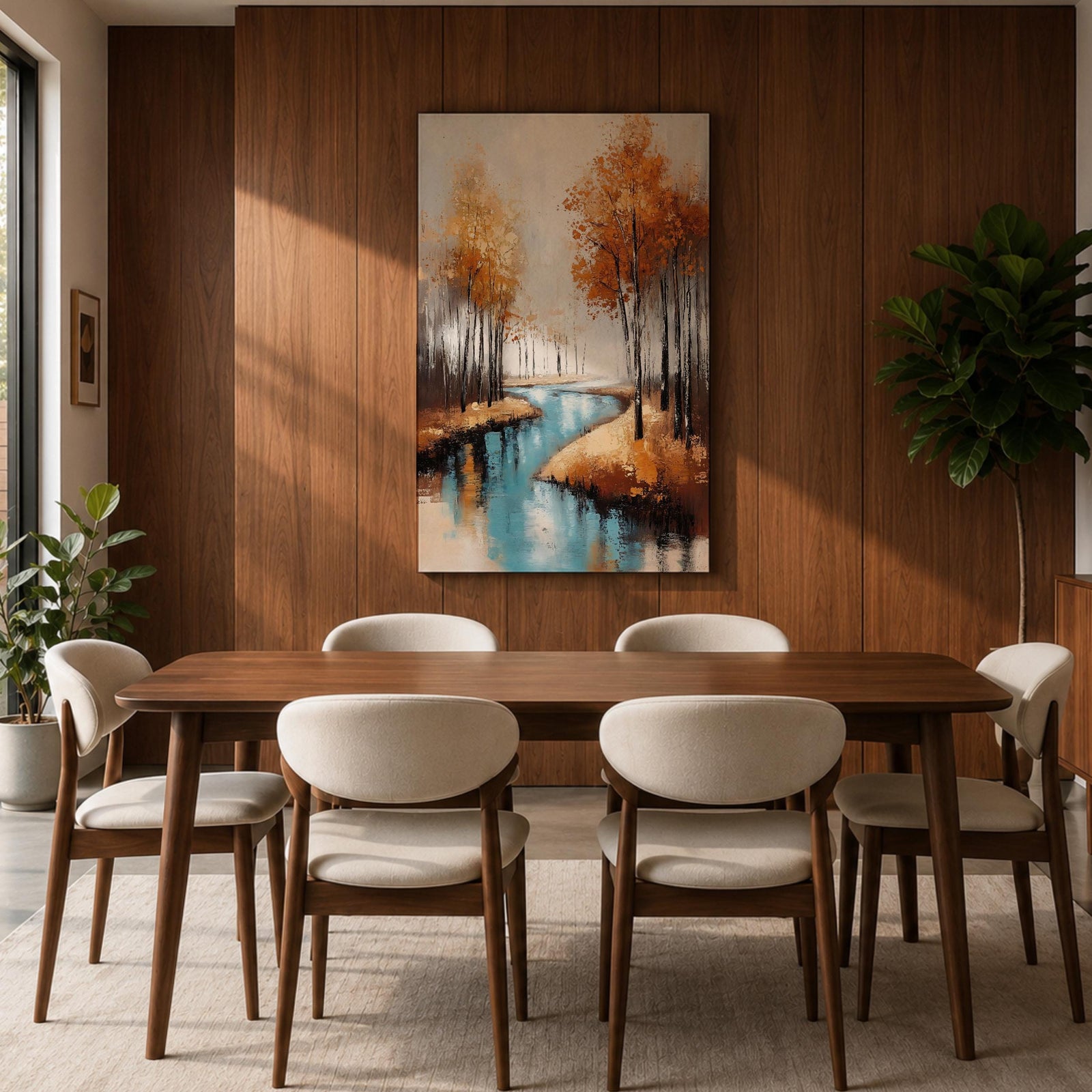A framed canvas painting depicting an autumn river winding through a forest with tall trees in fall colors. The artwork features a vintage style with textured brushstrokes, emphasizing the natural landscape and serene water reflections in warm rustic tones.
