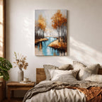 A framed canvas painting depicting an autumn river winding through a forest with tall trees in fall colors. The artwork features a vintage style with textured brushstrokes, emphasizing the natural landscape and serene water reflections in warm rustic tones.