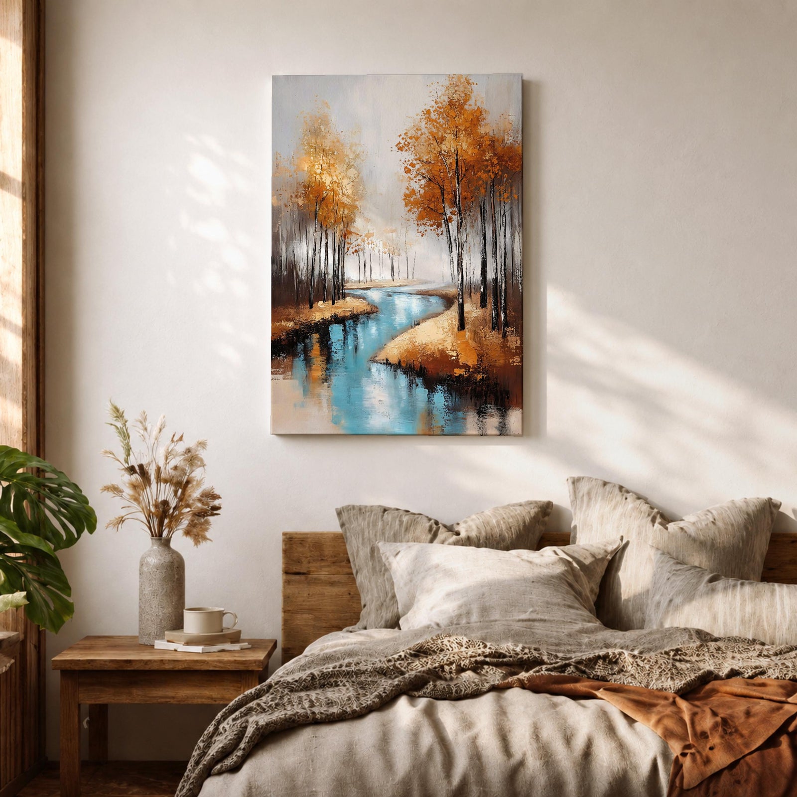 A framed canvas painting depicting an autumn river winding through a forest with tall trees in fall colors. The artwork features a vintage style with textured brushstrokes, emphasizing the natural landscape and serene water reflections in warm rustic tones.