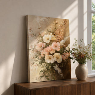 A vintage-style floral bouquet painting featuring soft pastel flowers including large blooms and delicate foliage arranged in a natural, rustic composition. The artwork has a textured, painterly quality with a warm, muted color palette emphasizing botanical beauty in a classic vintage style.
