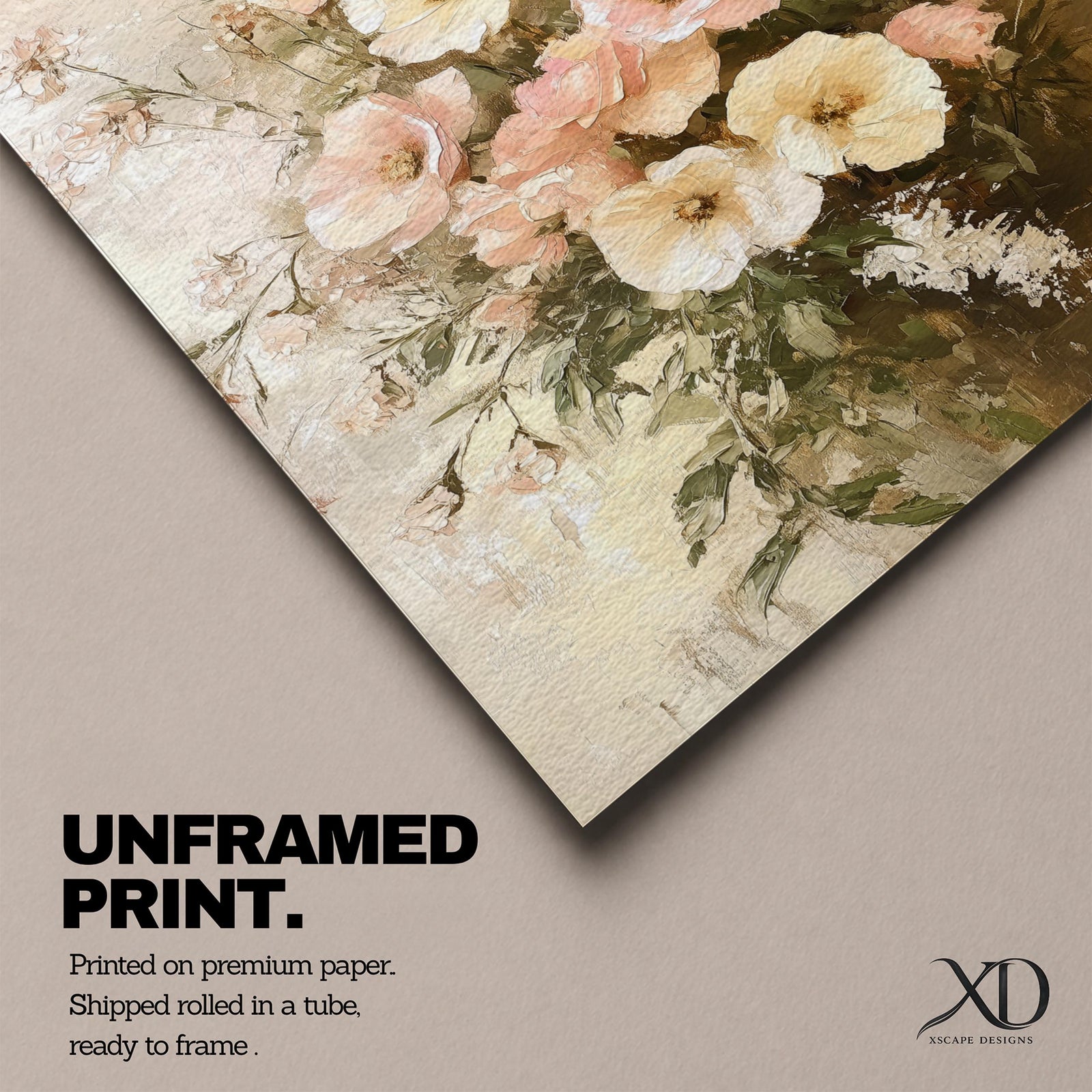 A vintage-style floral bouquet painting featuring soft pastel flowers including large blooms and delicate foliage arranged in a natural, rustic composition. The artwork has a textured, painterly quality with a warm, muted color palette emphasizing botanical beauty in a classic vintage style.