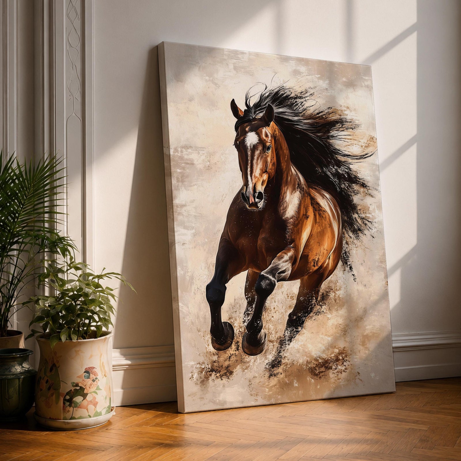 A dynamic vintage-style framed canvas wall art depicting a powerful wild stallion galloping forward with flowing mane and muscular form, capturing the energy and spirit of a running horse in a realistic animal portrait style with rustic textures and muted background tones.