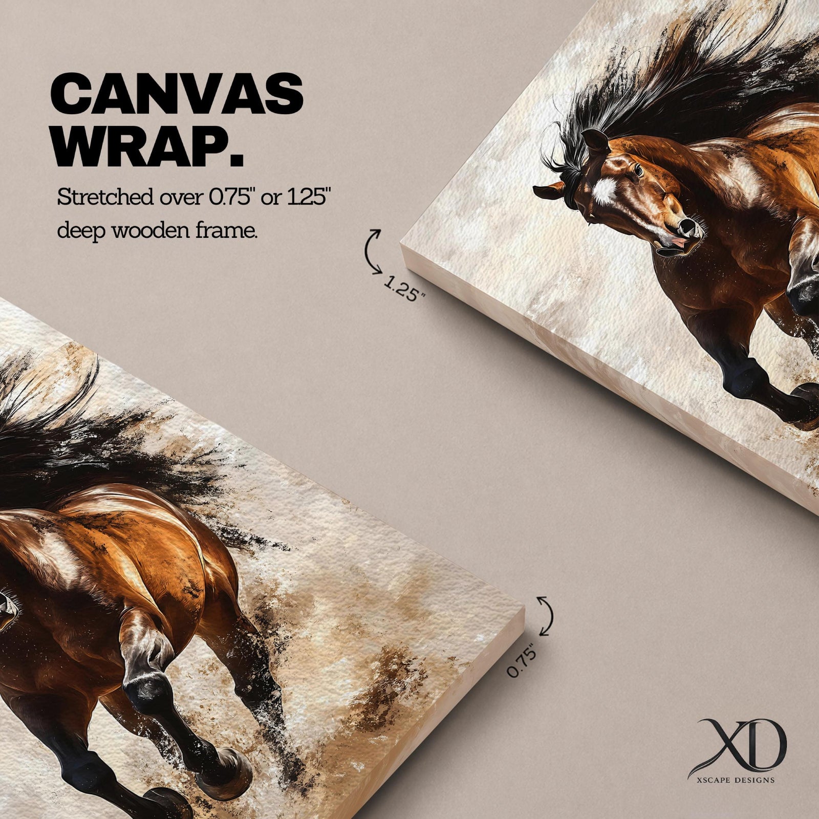 A dynamic vintage-style framed canvas wall art depicting a powerful wild stallion galloping forward with flowing mane and muscular form, capturing the energy and spirit of a running horse in a realistic animal portrait style with rustic textures and muted background tones.