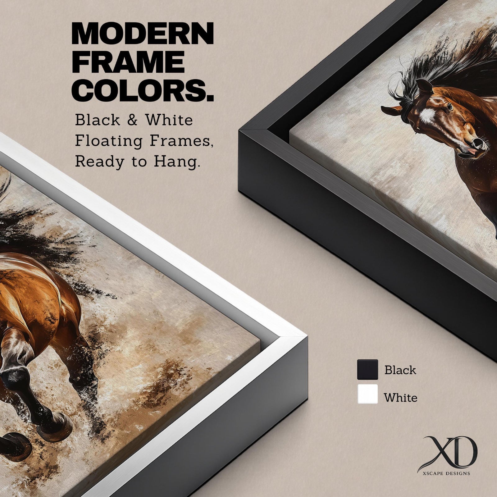 A dynamic vintage-style framed canvas wall art depicting a powerful wild stallion galloping forward with flowing mane and muscular form, capturing the energy and spirit of a running horse in a realistic animal portrait style with rustic textures and muted background tones.